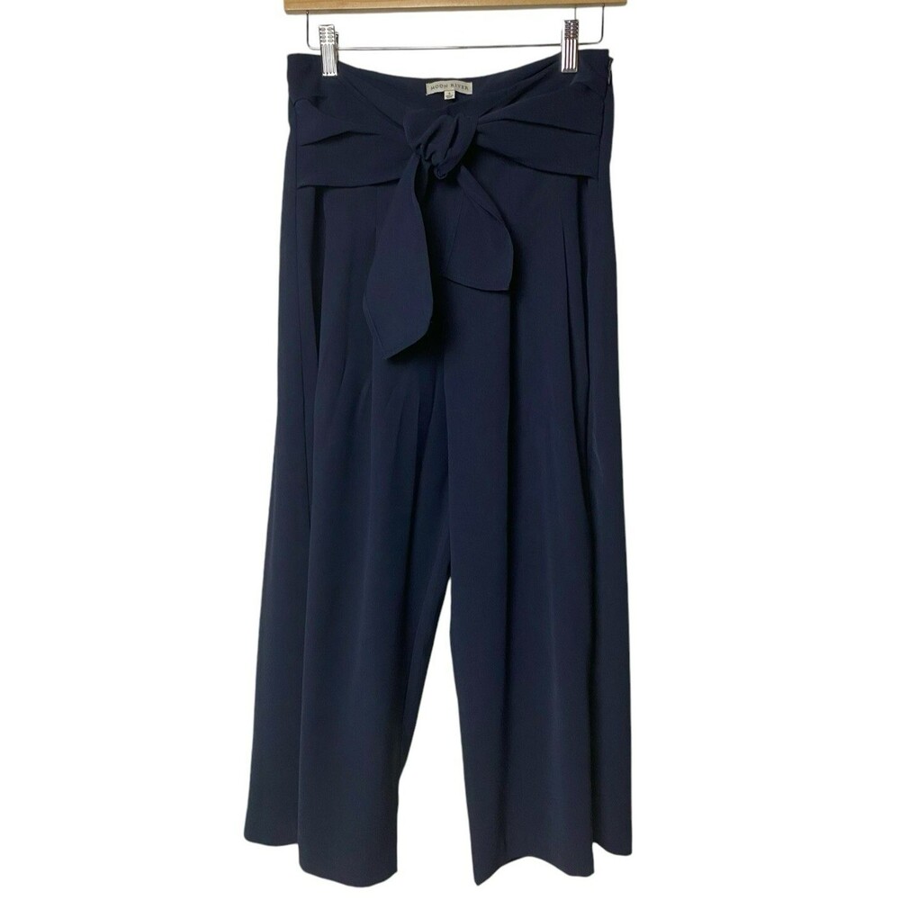 Moon River Anthropologie Wide Leg Cropped Pants Women S Navy Blue Tie Waist Boho